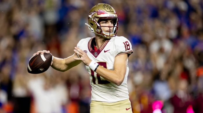 Florida State Seminoles quarterback Tate Rodemaker (18) throws the ball during the first half against the Florida Gators at Steve Spurrier Field at Ben Hill Griffin Stadium in Gainesville, FL on Saturday, November 25, 2023. [Matt Pendleton/Gainesville Sun]